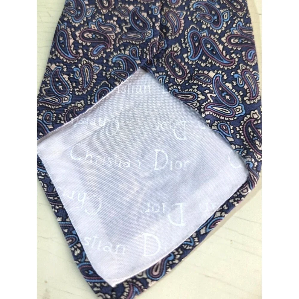 Christian Dior Silk Tie Blue Paisley Pattern Paris New York Designer Necktie